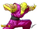  1boy antennae bald black_nails black_sash colored_skin copyright_name dougi draftsman79 dragon_ball dragon_ball_super dragon_ball_super_super_hero english_commentary fang fewer_digits fighting_stance green_skin male_focus muscular muscular_male open_mouth pants piccolo pointy_ears purple_pants purple_shirt sash shirt signature simple_background solo white_background 