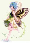  1girl ;d antennae aqua_hair barefoot black_dress bloomers blush butterfly_wings dress eternity_larva eyebrows_visible_through_hair green_dress highres leaf leaf_on_head looking_at_viewer multicolored_clothes multicolored_dress official_art one_eye_closed orange_eyes shnva short_hair short_sleeves smile solo splashing standing standing_on_one_leg strange_creators_of_outer_world third-party_source touhou underwear water wings 