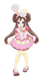  1girl absurdres bangs bright_pupils brown_hair buttob closed_mouth commentary_request cosplay double_bun dress easter eyelashes full_body hairband hand_up highres long_hair looking_at_viewer may_(pokemon) may_(pokemon)_(cosplay) pantyhose pigeon-toed pink_dress pink_footwear pokemon pokemon_(game) pokemon_bw2 pokemon_masters_ex rosa_(pokemon) shoes short_sleeves smile solo twintails white_pupils wrist_cuffs yellow_hairband yellow_legwear 