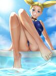  1girl bare_arms bare_legs barefoot bell blonde_hair blue_eyes blue_sky blue_swimsuit clouds day floating_hair from_below grin highres jingle_bell jujutsu_kaisen lens_flare long_hair looking_at_viewer nishimiya_momo outdoors poolside reimei33 school_swimsuit sky smile solo swimsuit 
