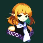  1girl 4qw5 bangs bare_shoulders blonde_hair closed_mouth cropped_torso eyes_visible_through_hair green_background green_eyes looking_at_viewer mizuhashi_parsee pixel_art pointy_ears scarf short_hair simple_background solo touhou white_scarf 