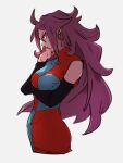  1girl android_21 breasts checkered_clothes checkered_dress dragon_ball dragon_ball_fighterz dress earrings glasses grey_background hoop_earrings jewelry kemachiku long_hair looking_at_viewer medium_breasts profile red_eyes redhead solo 