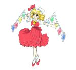  1980s_(style) blonde_hair bloomers bow bowtie commentary_request crystal flandre_scarlet frilled_shirt_collar frills hat hat_ribbon mob_cap orange_eyes puffy_short_sleeves puffy_sleeves red_footwear red_ribbon red_skirt red_vest retro_artstyle ribbon shirt short_hair short_sleeves simple_background skirt socks takemoto_izumi_(style) touhou underwear vest white_background white_headwear white_legwear white_shirt wings wristband yellow_bow yellow_bowtie z67y97t87gyihy 