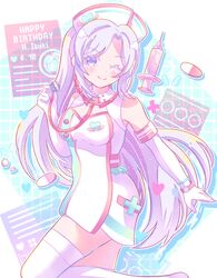  1girl absurdres character_name d4dj dated dress eyebrows_visible_through_hair grey_hair happy_birthday hat highres holding_stethoscope long_hair looking_to_the_side niijima_ibuki nurse nurse_cap pill smile solo stethoscope syringe thigh-highs very_long_hair violet_eyes white_dress white_headwear white_legwear xion_(sasakishiorin065) yume_kawaii 