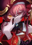  1girl absurdres ascot bangs black_headwear closed_mouth eyepatch eyepatch_pull finger_to_mouth hair_between_eyes hair_ribbon hand_up hat heterochromia highres hololive houshou_marine long_hair long_sleeves looking_at_viewer open_mouth pirate_hat red_ascot red_background red_eyes red_ribbon redhead ribbon roitz_(_roitz_) solo twintails upper_body virtual_youtuber yellow_eyes 