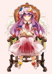  1girl :o azuma_aya bangs blue_bow blunt_bangs book bow chair collar crescent crescent_hat_ornament dress frilled_collar frills hair_bow hat hat_bow hat_ornament highres long_hair long_sleeves mob_cap official_art patchouli_knowledge purple_dress purple_hair purple_headwear red_bow ribbon-trimmed_collar ribbon_trim sitting solo strange_creators_of_outer_world striped striped_dress third-party_source touhou vertical-striped_dress vertical_stripes violet_eyes white_footwear yellow_bow 