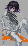  1boy artist_name bangs black_hair blue_eyes blue_hair buttons checkered_clothes checkered_scarf closed_mouth danganronpa_(series) danganronpa_v3:_killing_harmony double-breasted feet_out_of_frame grey_background grey_jacket grey_pants jacket joh_pierrot knee_up long_sleeves male_focus orange_background ouma_kokichi pants scarf shiny shiny_hair 
