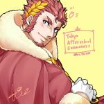 1boy blue_eyes blush claude_(housamo) copyright_name facial_hair fur-trimmed_jacket fur_trim gloves goatee heart highres hio_tksr05 jacket laurel_crown long_sideburns male_focus mature_male notice_lines redhead santa_costume short_hair sideburns signature smile solo thick_eyebrows tokyo_afterschool_summoners twitter_username upper_body white_gloves yellow_background 
