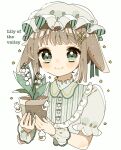  1girl :&gt; absurdres animal_ears bangs blunt_bangs blush bonnet brown_hair buttons closed_mouth collared_shirt cuffs english_text flower frilled_cuffs frilled_shirt_collar frills green_eyes hair_ornament hairpin high_collar highres holding holding_plant lily_of_the_valley looking_at_viewer nagihoko nail_polish original plant potted_plant puffy_short_sleeves puffy_sleeves rabbit ribbon shirt short_hair short_sleeves smile solo star_(symbol) striped striped_headwear white_headwear 