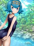  1girl arched_back blue_eyes blue_hair bright_pupils closed_mouth clouds commentary_request day freckles hairband lana_(pokemon) looking_at_viewer looking_back no_sclera norio_(pheromosa_times) one-piece_swimsuit outdoors pokemon pokemon_(game) pokemon_sm rock shiny shiny_skin short_hair sky smile solo split_mouth swimsuit swimsuit_tug water white_pupils yellow_hairband 