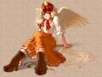  1girl animal_on_head arm_support bird bird_on_head bird_tail bird_wings blonde_hair blush boots breasts brown_footwear channel_ikihaji chick closed_mouth commentary_request dress hand_on_own_chest high_heel_boots high_heels multicolored_hair niwatari_kutaka on_head orange_dress redhead shirt sitting small_breasts tail tail_feathers touhou two-tone_hair white_shirt wings yellow_wings 