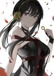  1girl aroa_(aroamoyasi) bare_shoulders black_gloves black_hair choker dress earrings flower gloves hair_flower hair_ornament half-closed_eyes highres holding holding_weapon jewelry pale_skin parted_lips petals red_eyes simple_background spy_x_family upper_body weapon white_background yor_briar 
