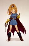  1girl barbara_(dq6) belt black_eyes black_footwear blue_dress boots cape dragon_quest dragon_quest_vi dress earrings full_body gloves gradient gradient_background high_ponytail highres holding holding_whip jewelry kunitarou-art shadow smile solo standing whip yellow_gloves 