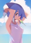  1girl absurdres armpits arms_up azuumori blue_sky clouds cloudy_sky food highres horizon original popsicle profile red_eyes see-through_silhouette shark_fin shark_girl shark_girl_(azuumori) sky solo tank_top white_tank_top 