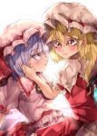  2girls absurdres back_bow backlighting blonde_hair blurry blurry_background blush bow brooch checkered_floor closed_mouth collared_shirt commentary_request crystal dress_shirt eyebrows_visible_through_hair fingernails flandre_scarlet frilled_shirt frilled_shirt_collar frilled_skirt frilled_sleeves frills glowing glowing_wings hair_between_eyes hand_on_another&#039;s_cheek hand_on_another&#039;s_face hat hat_ribbon highres jewelry long_hair looking_at_another maboroshi_mochi mob_cap multiple_girls nail_polish open_mouth orange_eyes pink_headwear pink_shirt puffy_short_sleeves puffy_sleeves purple_hair red_bow red_nails red_ribbon red_skirt red_vest remilia_scarlet ribbon sharp_fingernails shirt short_hair short_sleeves side_ponytail skirt touhou vest white_bow white_headwear white_shirt wings yellow_brooch 