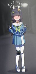  absurdres animal_ears bell black_gloves black_hair blue_archive blue_serafuku blue_shirt blue_skirt blurry blurry_background blush breasts collar commentary_request double_v embarrassed eyebrows_visible_through_hair fake_animal_ears footprints gloves green_neckerchief highres hime_cut hizikit knee_pads leaf leaf_on_head long_hair long_sleeves looking_at_viewer miyu_(blue_archive) neck_bell neckerchief open_mouth outdoors pantyhose pleated_skirt rabbit_ears red_eyes road sailor_collar school_uniform serafuku shirt shoes single_knee_pad skirt small_breasts smile sneakers solo street v white_footwear white_legwear white_sailor_collar 