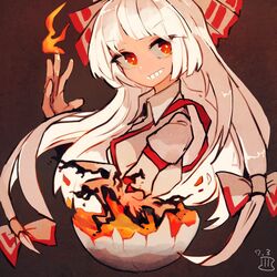  1girl bow collared_shirt dated eggshell eyebrows_visible_through_hair fire flame from_side fujiwara_no_mokou grin hair_bow hand_up long_hair looking_at_viewer looking_to_the_side maaru_(akira428) one-hour_drawing_challenge red_eyes shirt signature smile solo suspenders teeth touhou upper_body v-shaped_eyebrows very_long_hair white_bow white_hair white_shirt 