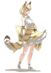  1girl absurdres animal_ear_fluff animal_ears arms_behind_back bare_shoulders blonde_hair bow bowtie cat_ears cat_tail commentary elbow_gloves extra_ears from_side full_body gloves highres kemono_friends print_bow print_bowtie print_gloves print_skirt sand_cat_(kemono_friends) sand_cat_print shirt shoes short_hair simple_background skirt sleeveless sleeveless_shirt socks solo standing tail tanabe_(fueisei) underskirt white_background white_footwear white_shirt 