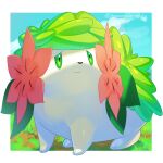  border closed_mouth commentary_request flower full_body grass green_eyes highres looking_up mian_(3zandora) no_humans pink_flower pokemon pokemon_(creature) shaymin shaymin_(land) sky smile solo standing twitter_username white_border 