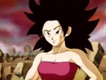  1990s_(style) 1girl animeajay bad_id bad_twitter_id black_eyes black_hair breasts caulifla closed_mouth collarbone derivative_work dragon_ball dragon_ball_super editor-san_(totallynotmark) english_commentary muscular muscular_female outdoors pink_tube_top raised_eyebrow retro_artstyle rubble ruins screencap_redraw short_hair solo spiky_hair strapless sweatdrop tube_top 