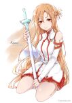  1girl asuna_(sao) bare_legs bare_shoulders barefoot brown_eyes brown_hair detached_sleeves dress full_body highres holding holding_sword holding_weapon long_hair looking_at_viewer rapier red_dress shi-2 smile sword sword_art_online weapon white_dress 