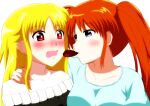  2girls absurdres blonde_hair blue_eyes blush chocolate collarbone couple embarrassed eye_contact fate_testarossa highres hiranojokyolab imminent_kiss long_hair looking_at_another lyrical_nanoha mahou_shoujo_lyrical_nanoha_vivid multiple_girls open_mouth orange_hair red_eyes side_ponytail simple_background takamachi_nanoha very_long_hair wavy_mouth white_background yuri 