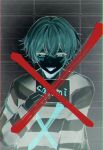  1boy character_name cross crossed_out highres male_focus mugshot number_tattoo open_mouth prison_clothes rapis_box satomi_(stpri) shirt short_hair smile solo strawberry_prince striped striped_shirt tattoo tongue tongue_out 