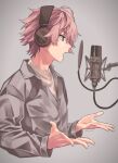  1boy collared_shirt facing_to_the_side grey_background grey_shirt headphones highres long_sleeves looking_to_the_side male_focus microphone music open_mouth pink_hair satomi_(stpri) shirt short_hair singing solo strawberry_prince violet_eyes yoshino_stpr 