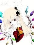  1girl absurdres araya_shiki artist_name ascot bangs black_eyes blonde_hair collar commentary crystal eyeshadow flandre_scarlet frilled_collar frills highres long_hair long_sleeves looking_at_viewer makeup red_nails red_vest shirt smile solo touhou vest white_shirt wings yellow_ascot 