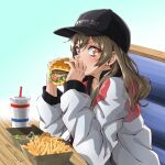 1girl absurdres artist_name bangs brown_hair burger collarbone cup d4dj disposable_cup drinking_straw eating english_commentary eyebrows_visible_through_hair food french_fries grey_jacket grey_shirt highres holding holding_food jacket lettuce looking_to_the_side onion shirt solo tanny_v tomato yamate_kyouko 
