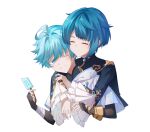 2boys absurdres asymmetrical_bangs bangs blue_eyes blue_hair brooch chinese_clothes chongyun_(genshin_impact) closed_eyes commentary_request eyebrows_visible_through_hair fingerless_gloves food frills from_behind genshin_impact gloves hair_between_eyes happy highres holding holding_food hug hug_from_behind implied_yaoi jewelry long_sleeves male_focus multiple_boys one_eye_closed popsicle shenhairanyu short_hair simple_background smile teeth white_background xingqiu_(genshin_impact)