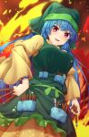  1girl absurdres apron bangs belt blue_hair blush bow breasts brown_background brush commentary_request dress eyebrows_visible_through_hair eyes_visible_through_hair fire flower frills gradient gradient_background green_apron green_belt green_bow green_headwear green_scarf hair_between_eyes hand_on_hip haniyasushin_keiki head_scarf highres jewelry juliet_sleeves large_breasts leaf long_hair long_sleeves looking_away magatama magatama_necklace necklace open_mouth pocket puffy_sleeves scarf smile solo standing tongue tools touhou v-shaped_eyebrows violet_eyes white_flower wide_sleeves yellow_dress yosshy 