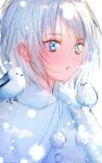  00mizore 1girl :o animal_on_shoulder bangs bird bird_on_shoulder blue_eyes breath capelet eyebrows_visible_through_hair fur-trimmed_capelet fur_trim highres looking_afar looking_away original parted_lips pom_pom_(clothes) portrait short_hair silver_hair snowing solo white_capelet 