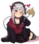  1girl absurdres bangs beret breasts choker demon_girl demon_tail earrings eyebrows_visible_through_hair hat highres honey_strap horns jacket jewelry large_breasts multicolored_hair pointy_ears red_eyes simple_background skirt suou_patra tail thigh-highs virtual_youtuber white_background 