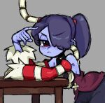  colored_skin detached_sleeves dress mercysstrap one_eye_covered red_eyes side_ponytail simple_background skull skullgirls squigly_(skullgirls) table zombie 