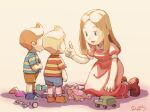  1girl 2boys blonde_hair breasts brown_hair claus_(mother_3) dress hinawa long_hair lucas_(mother_3) mother_(game) mother_3 multiple_boys nanpou_(nanpou0021) open_mouth shirt simple_background smile striped striped_shirt stuffed_animal stuffed_toy teddy_bear toy 