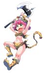  1girl absurdres animal_ears animal_print armpits axe berserker_(final_fantasy) breasts final_fantasy final_fantasy_v full_body green_eyes highres lenna_charlotte_tycoon open_mouth pink_hair shinapuu short_hair simple_background solo tail tiger_print weapon white_background 