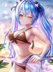  1girl absurdres bangs bikini blue_hair blush breasts colored_tips elf eyebrows_visible_through_hair flower hair_between_eyes hair_ornament highres hololive huge_breasts jewelry large_breasts long_hair looking_at_viewer multicolored_hair necklace one_eye_closed pointy_ears ring smile solo streaked_hair swimsuit virtual_youtuber wajuniorbox yellow_eyes yukihana_lamy 