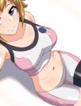  1girl absurdres bike_shorts blue_eyes breasts brown_hair collarbone gundam gundam_build_fighters gundam_build_fighters_try highres hoshino_fumina jeminiremu medium_breasts midriff navel parted_lips selfie shadow shorts sitting smile solo tank_top white_background white_shorts white_tank_top 