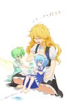  3girls absurdres apron ascot black_dress blonde_hair blue_bow blue_dress blue_eyes blue_hair bow braid cirno collared_shirt crying daiyousei dress esthoric fairy_wings green_dress green_eyes green_hair hair_bow hand_fan hand_fan_writing highres kirisame_marisa multiple_girls pinafore_dress pout red_ribbon ribbon shirt tears touhou translation_request white_background white_shirt wings 