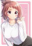  1girl absurdres black_skirt blush boku_no_hero_academia breasts brown_eyes brown_hair daichi_(hayate1328) heart highres large_breasts long_sleeves looking_at_viewer pink_background shirt short_hair skirt smile solo uraraka_ochako v 