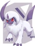  :d absol border claws commentary_request fang grey_background highres komunyan no_humans open_mouth pokemon pokemon_(creature) red_eyes signature smile solo tongue white_border white_fur 