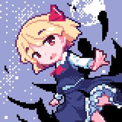  1girl ascot bangs black_skirt black_vest blonde_hair darkness eyebrows_visible_through_hair hair_ribbon long_sleeves looking_at_viewer lowres open_mouth pixel_art poropo1133 red_ascot red_eyes red_ribbon ribbon rumia shirt short_hair skirt solo touhou vest white_shirt 