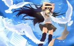  1girl artist_request bird black_hair building buttons character_request clouds cloudy_sky copyright_request eyebrows eyebrows_visible_through_hair highres long_hair looking_at_viewer non-web_source school_uniform sky solo source_request 