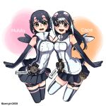  2girls african_penguin_(kemono_friends) animal_costume black_eyes black_hair headphones humboldt_penguin_(kemono_friends) kemono_friends kemono_friends_v_project long_hair looking_at_viewer multicolored_hair multiple_girls open_mouth pengin0808 penguin_costume penguin_tail shirt simple_background skirt smile tail virtual_youtuber white_background 