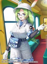  1girl bag blue_eyes copyright glasses gloves green_hair hat kemono_friends long_hair looking_at_viewer menna_(0012) mirai_(kemono_friends) neckerchief open_mouth shirt smile solo standing white_gloves white_headwear white_shirt 