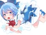  1girl :o blue_bow blue_dress blue_eyes blue_hair blush bow cirno cryokinesis dress foot_out_of_frame hair_bow highres hurukab050 ice ice_wings looking_ahead open_mouth puffy_short_sleeves puffy_sleeves red_bow shirt shoes short_hair short_sleeves simple_background solo touhou white_background wings 