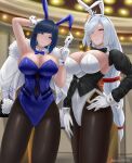  2girls animal_ears archstreal bangs black_hair black_legwear blue_eyes blue_hair blue_leotard blush bob_cut breasts closed_mouth cowboy_shot diagonal_bangs fake_animal_ears genshin_impact gloves green_eyes hair_over_one_eye highres large_breasts leotard long_hair looking_at_viewer mole mole_on_breast multicolored_hair multiple_girls parted_lips playboy_bunny rabbit_ears shenhe_(genshin_impact) short_hair silver_hair smile thighs two-tone_hair very_long_hair white_gloves white_leotard wrist_cuffs yelan_(genshin_impact) 