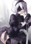  1girl back_cutout black_blindfold black_dress black_hairband black_legwear blindfold breasts cleavage_cutout clothing_cutout commentary_request covered_eyes dress feather-trimmed_sleeves gloves hairband highres juliet_sleeves katana leotard long_sleeves medium_breasts mochi_mi8042 nier_(series) nier_automata puffy_sleeves short_hair silver_hair solo sword weapon white_hair yorha_no._2_type_b 