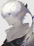  1boy alphinaud_leveilleur blue_coat blue_eyes coat earrings elezen elf final_fantasy final_fantasy_xiv grey_background hageee hair_between_eyes highres jewelry low_ponytail parted_lips pointy_ears single_earring solo turtleneck upper_body white_hair white_tunic 